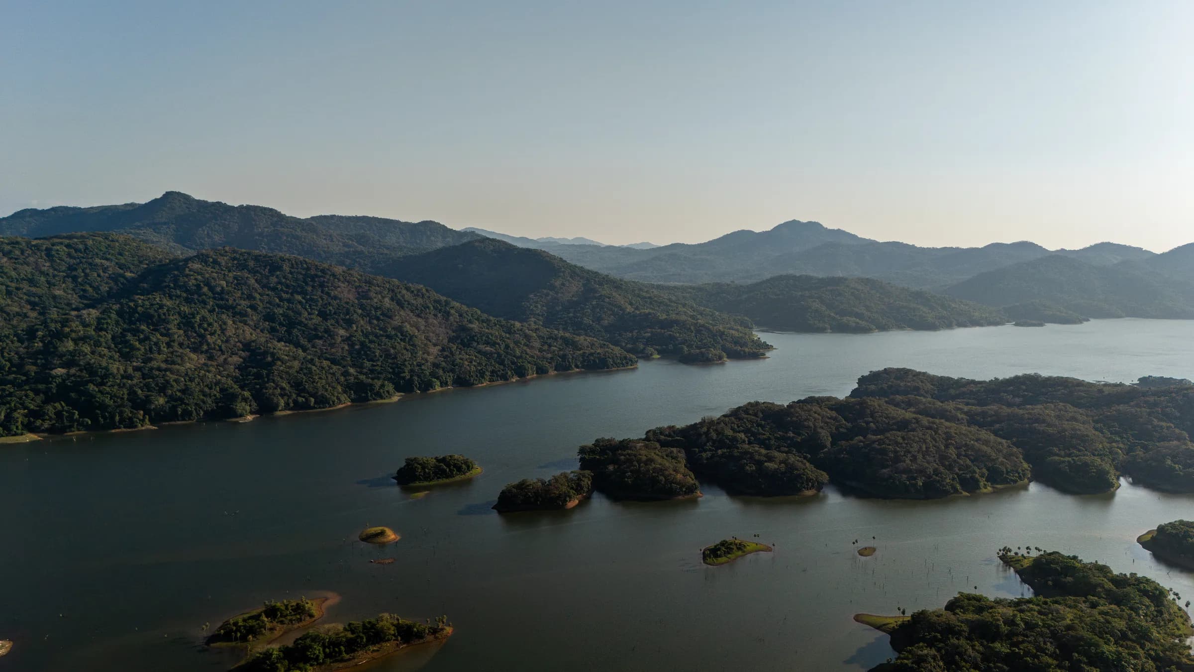 The island-dotted mountain lake from above